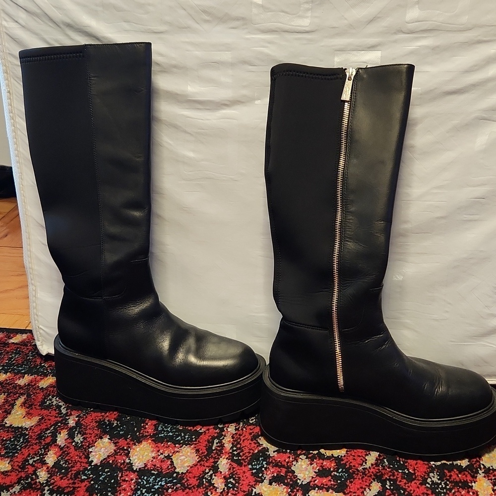 J Slides Victoria Knee High Black Leather/Lycra Platform Goth Boots Sz 8 - Picture 5 of 14